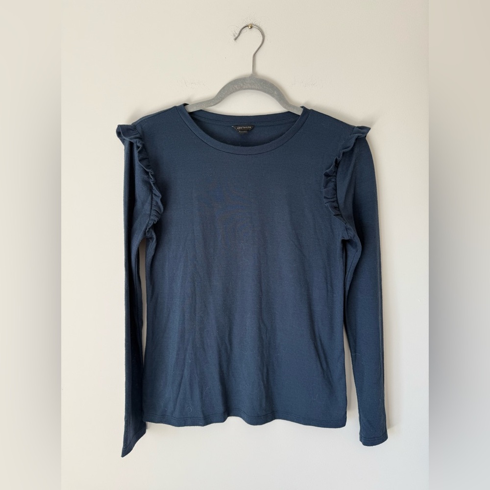 Ann Taylor Navy Long Sleeve Ruffle Top